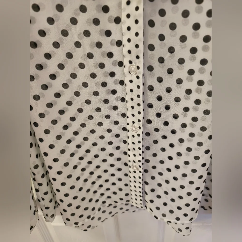 NWT Adrianna Papell Sheer Polka Dot Chiffon V Blouse Black White Size Large - Picture 6 of 17